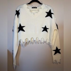 SHEIN Cream V-Neck Sweater with Black Stars